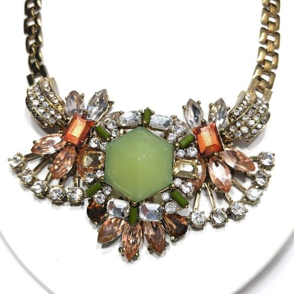 Spring Green Pink Peach Rhinestone Statement Necklace, Gold Tone Chain, 20 Inch - Picture 4 of 7
